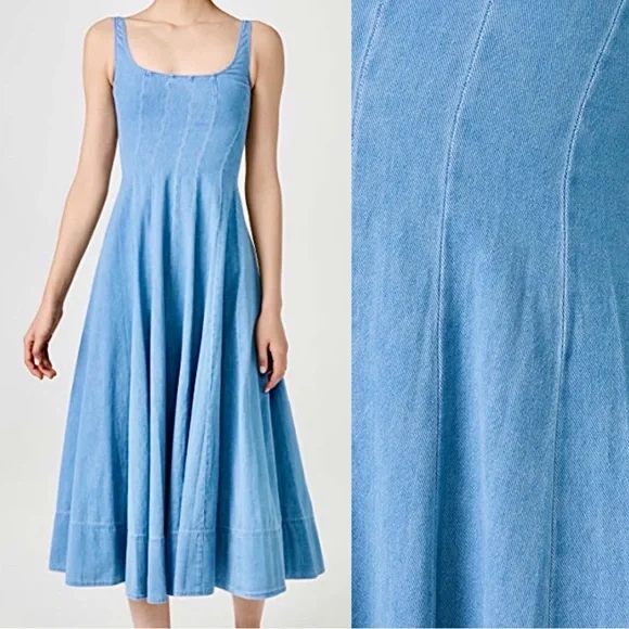 🌺🎉HP🎉🌺 NWT Staud Wells Midi Dress Light Wash Denim - Picture 6 of 16